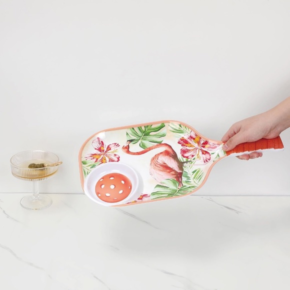 Flamingo Melamine Chip and Dip Tray, Tropical Floral Pickleball Paddle design. - Picture 9 of 9
